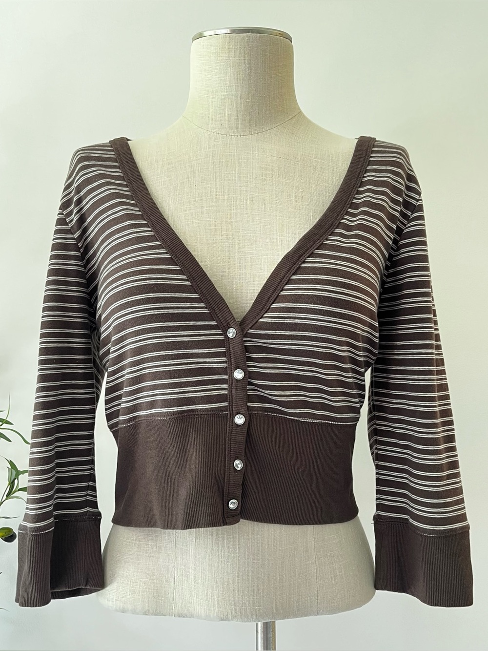 Y2K Brown Striped V-Neck Cropped Sweater Cardigan with rhinestone buttons